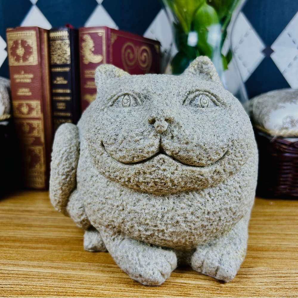 Vintage Large Fat Cat Sculpture Stone-Textured Folk Art Figurine Whimsical